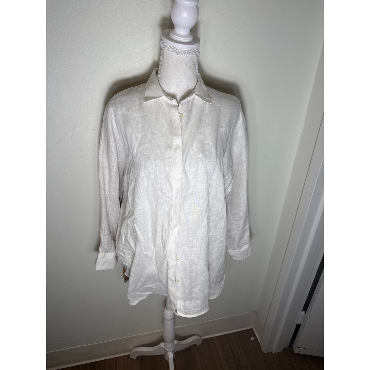 Vilagallo Off White Brown Long Sleeve Linen Button Up Long Sleeve Shirt Sz 44