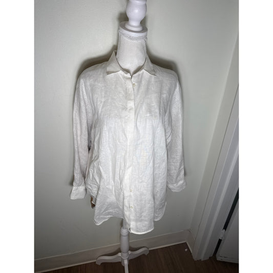 Vilagallo Off White Brown Long Sleeve Linen Button Up Long Sleeve Shirt Sz 44