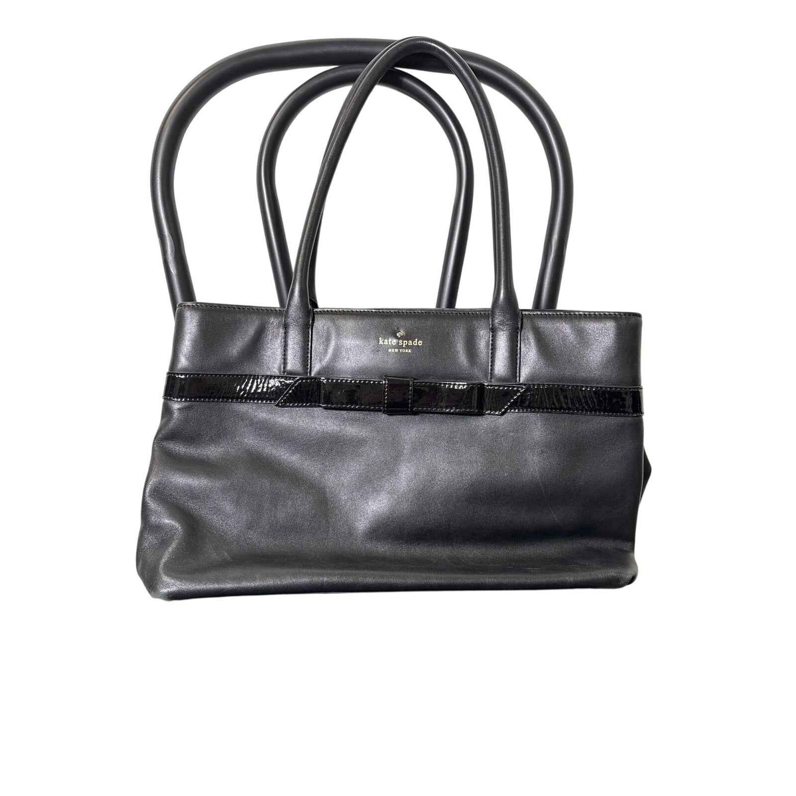 Kate Spade Black Soft Leather With Patent Leather Bow Shoulder Bag 16"x10"