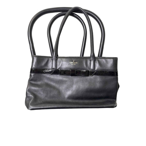 Kate Spade Black Soft Leather With Patent Leather Bow Shoulder Bag 16"x10"