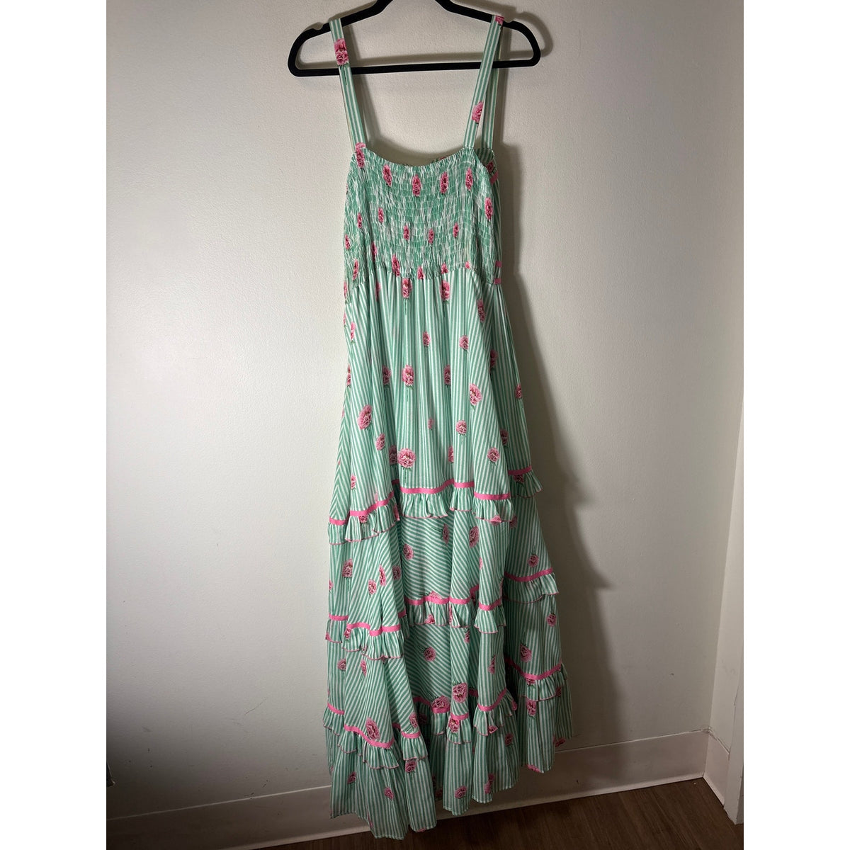 Kleid Pink and Green Floral Strapless Maxi Dress Sz L