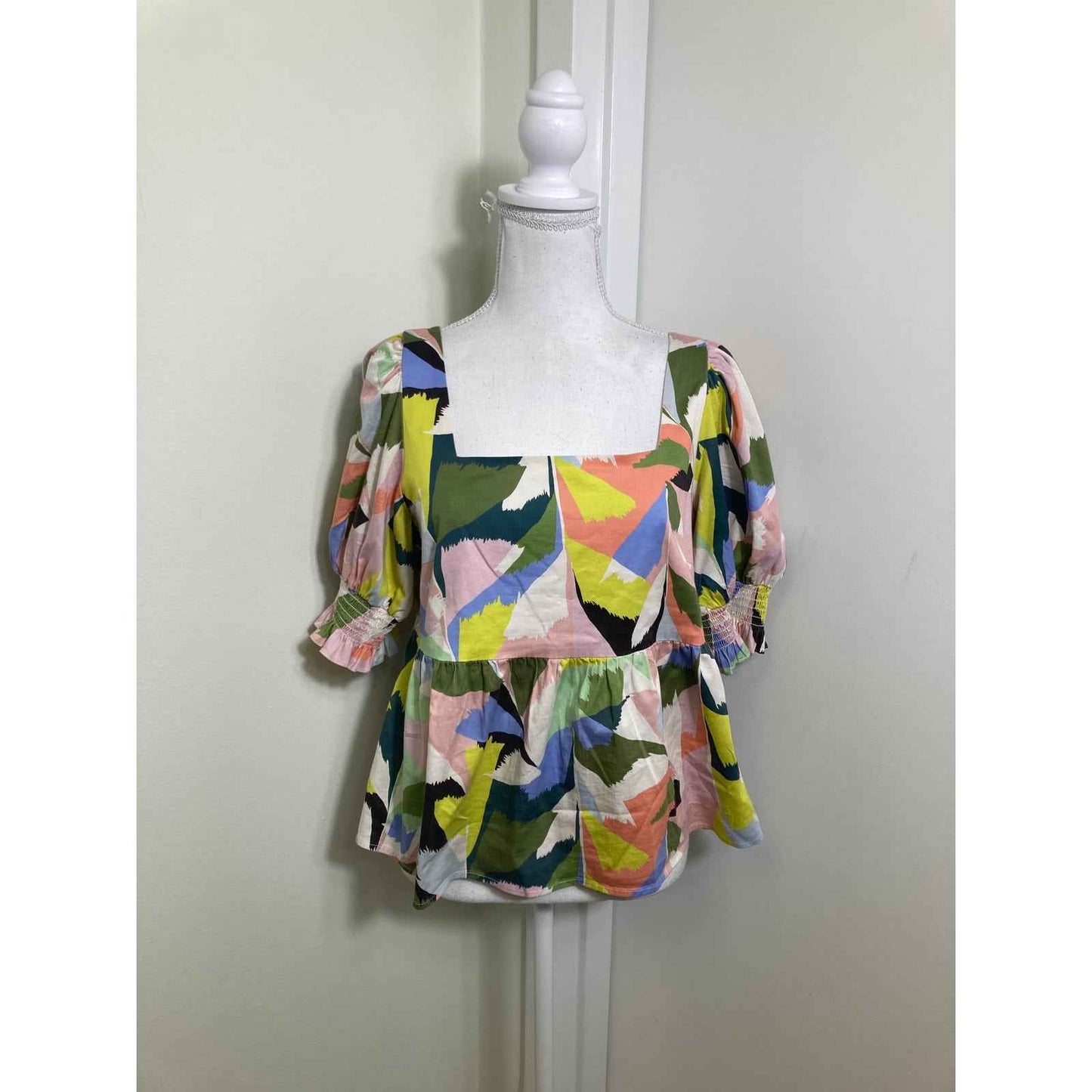 Crosby Pink/Green/Blue Brush Stroke Peplum Top Sz L