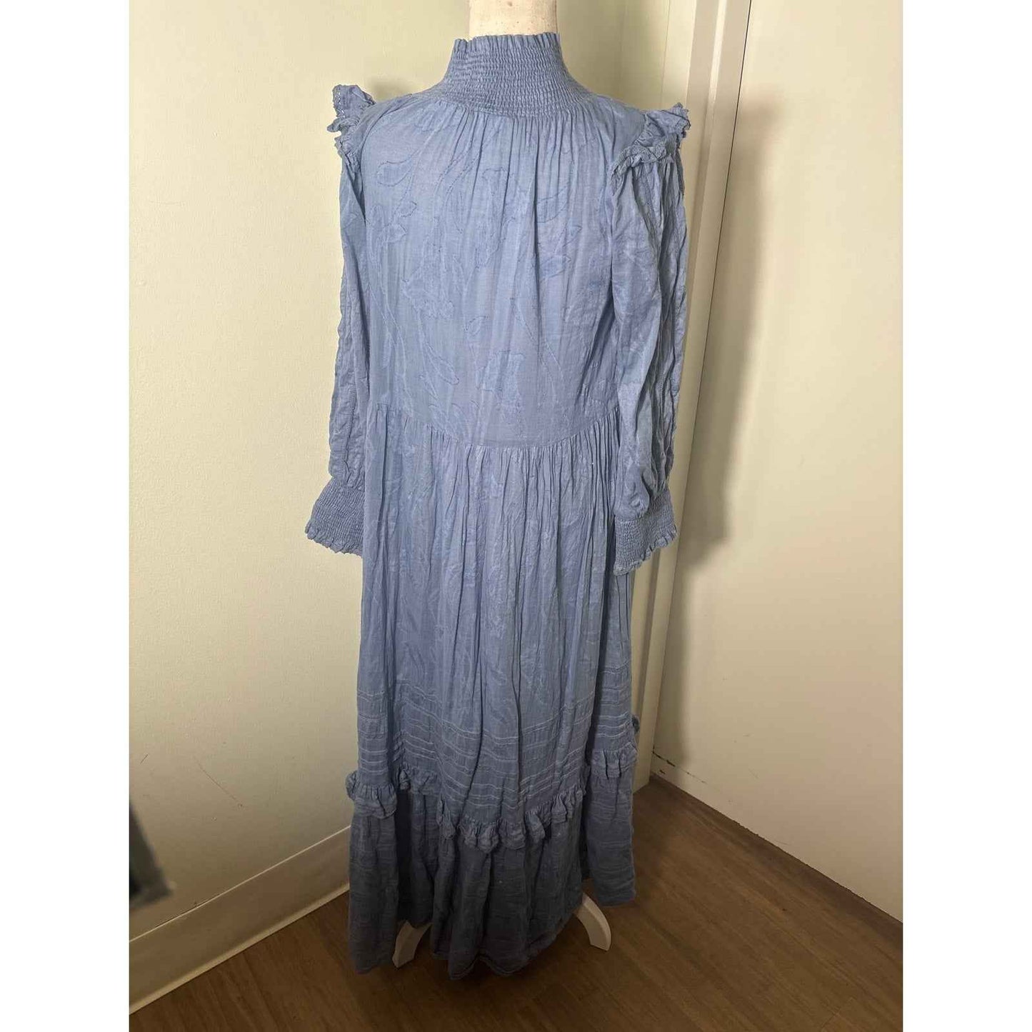 Roller Rabbit Blue Smocked Mock Neck Long Sleeve Maxi Dress Sz XS