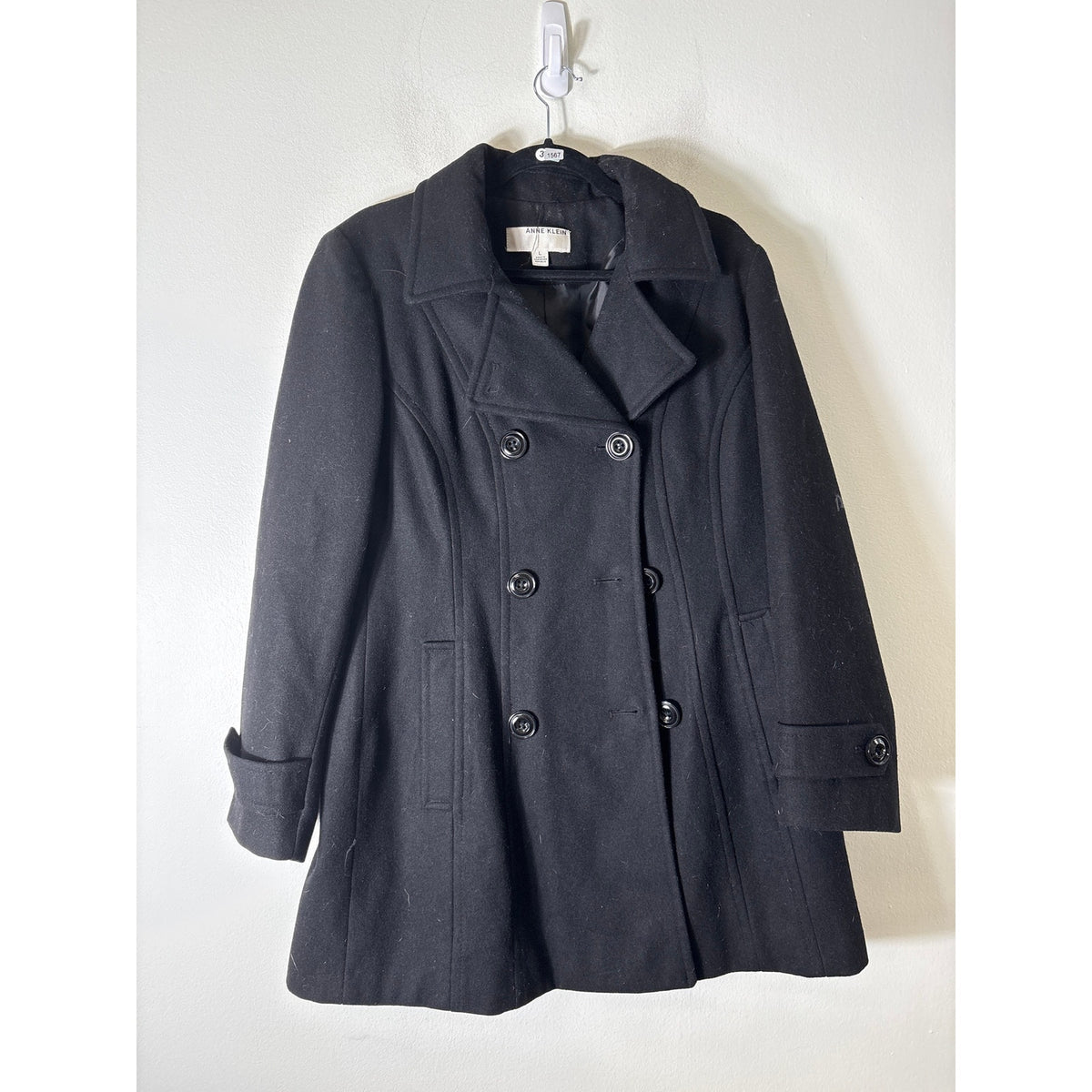 Anne Klein Black Double Breasted Long Wool Coat Sz L