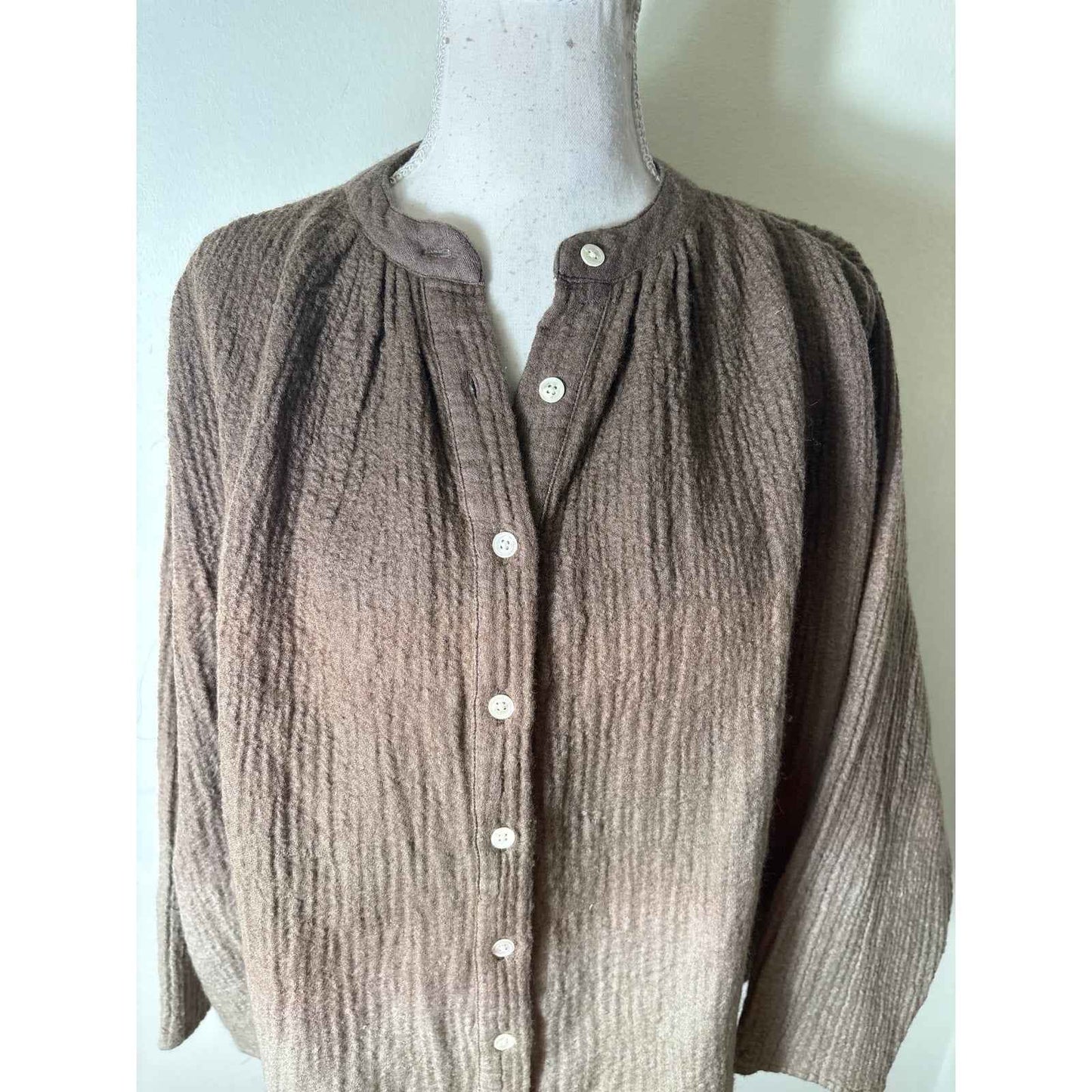 V.DE. Vinster Brown Waffle Gauze Long Sleeve Boxy Shirt Sz M