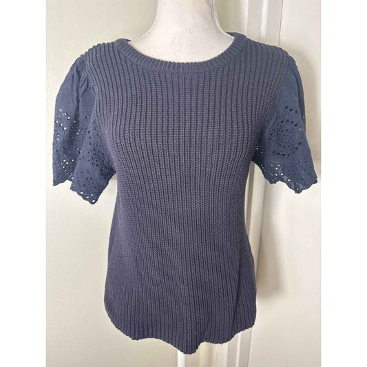Lilla P Navy Sweater With Eyelet Flutter Sleeve Top Sz L