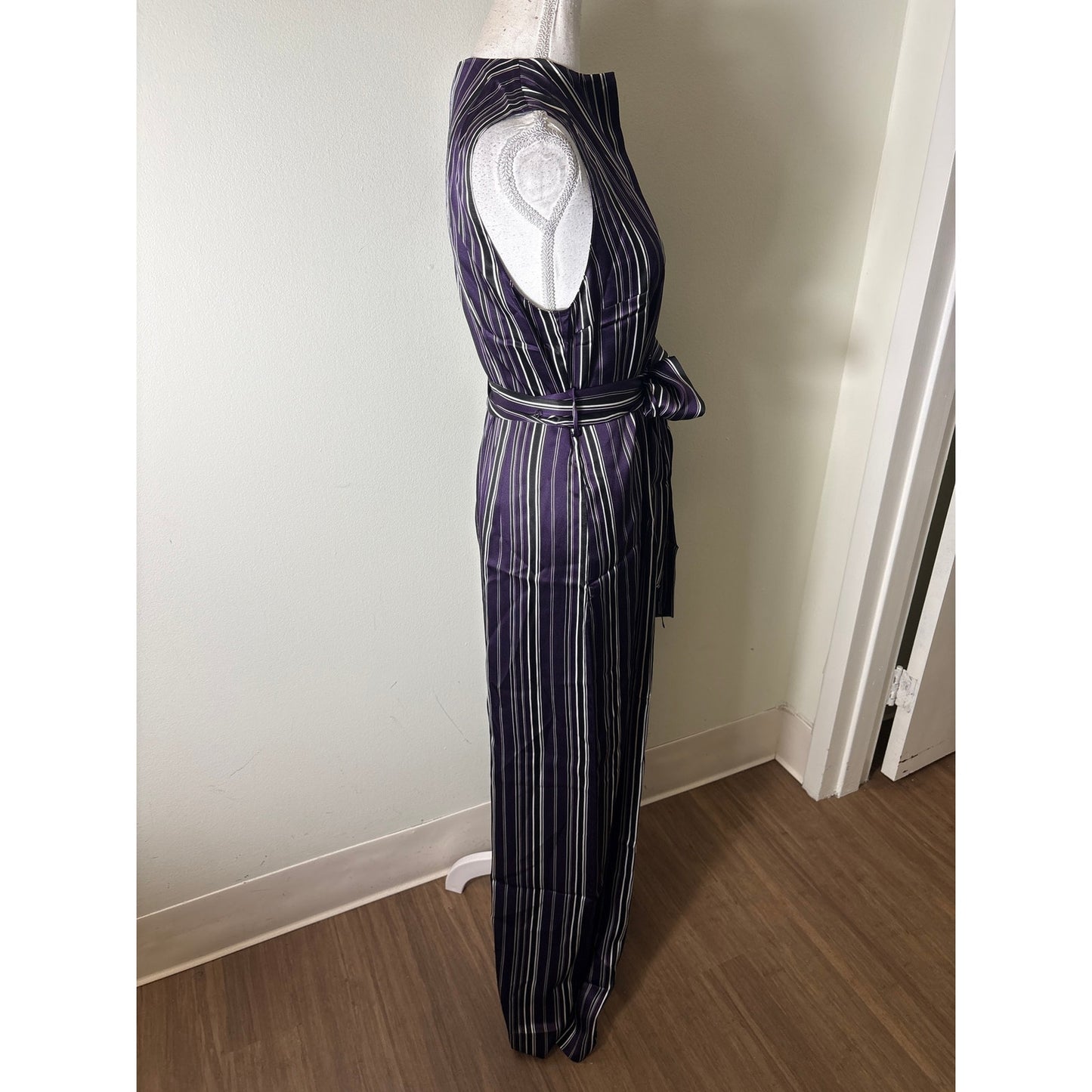 NWT Lilysilk Purple Pin Stripe Sleeveless Silk Jumpsuit Sz M