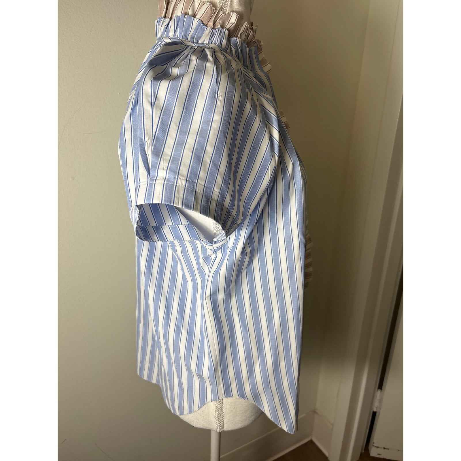 Sundays Blue Tan Stripe Cap Sleeve Button Up Ruffled High Collar Sz S