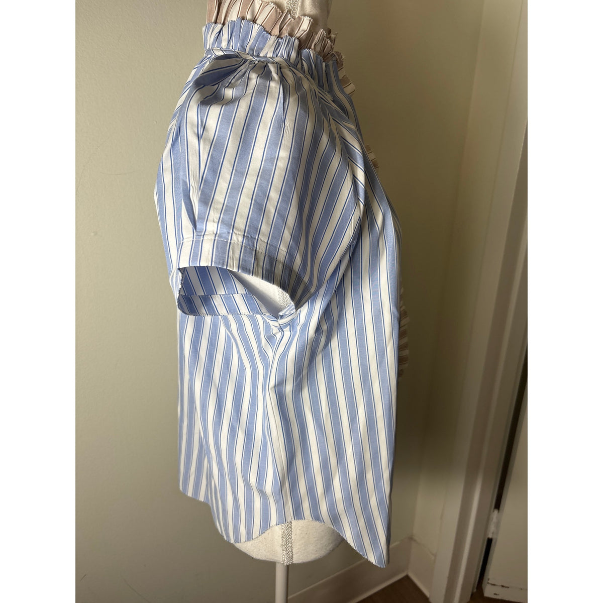 Sundays Blue Tan Stripe Cap Sleeve Button Up Ruffled High Collar Sz S