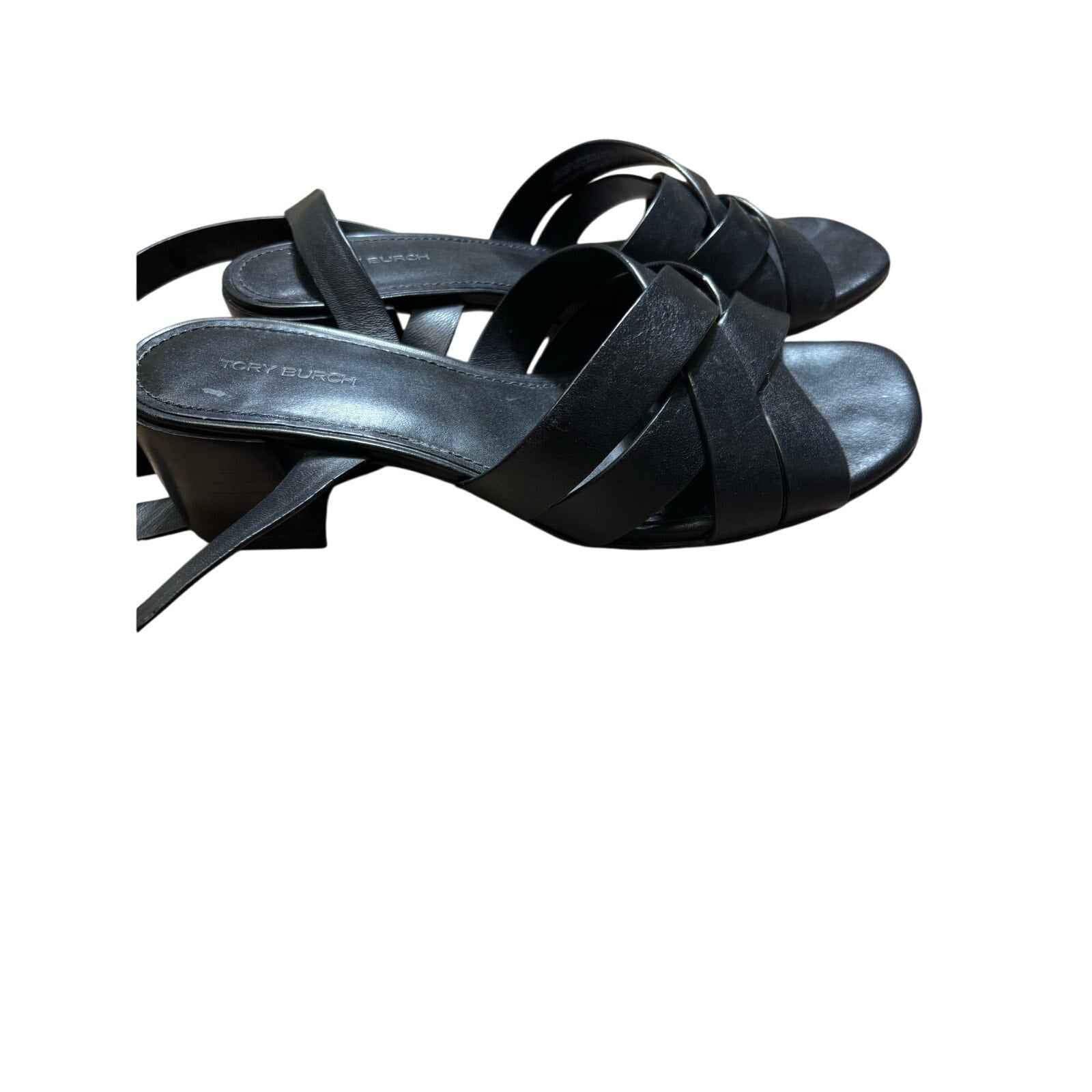 Tory Burch Black Criss Cross Low Heel Ankle Wrap Sandal Sz 8