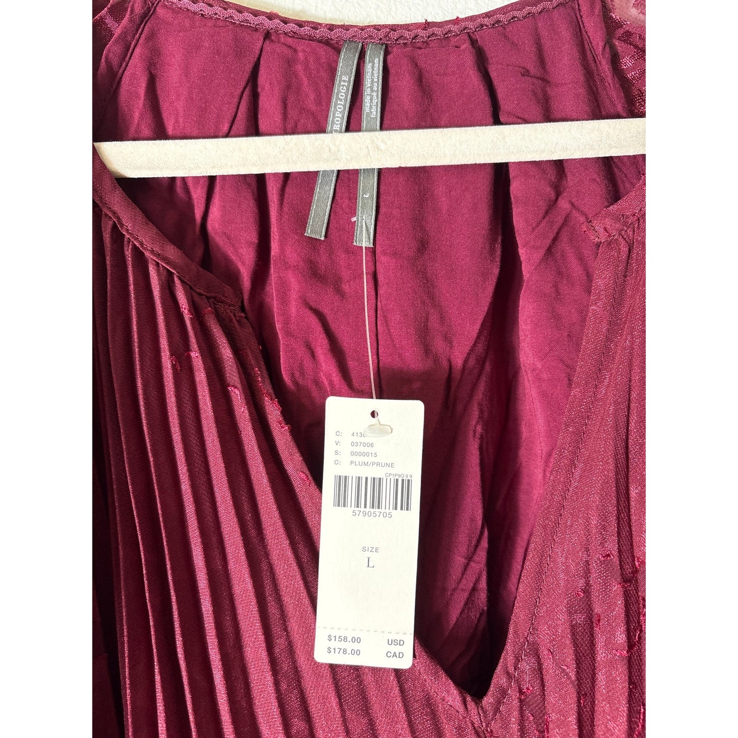 NWT Anthropologie Maroon Long Sleeve Pleated Dress Sz L