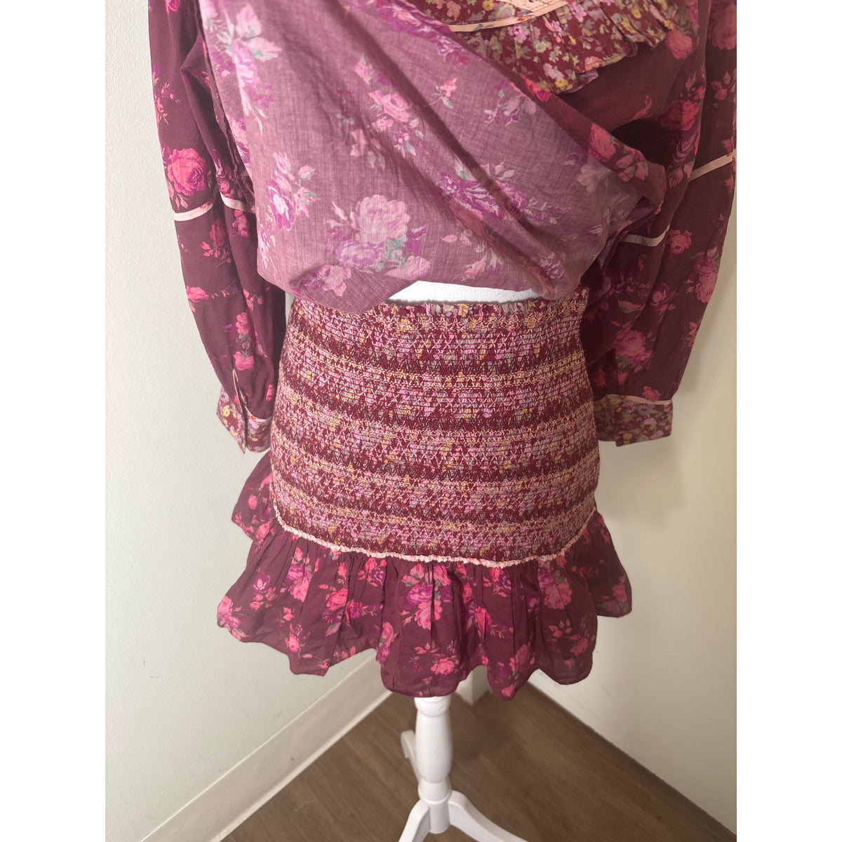 Loveshack Fancy Maroon Floral Cotton Skirt and Top Set Sz S