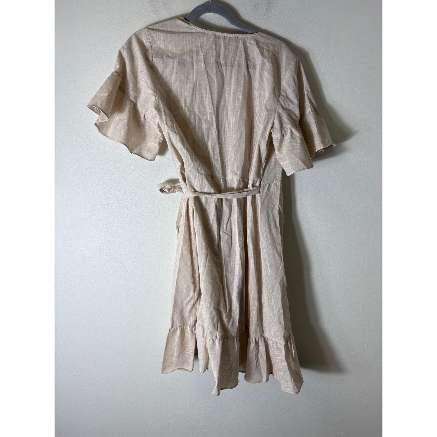 Sugar Lips Beige Short Sleeve Knee Length Linen Wrap Dress Sz L
