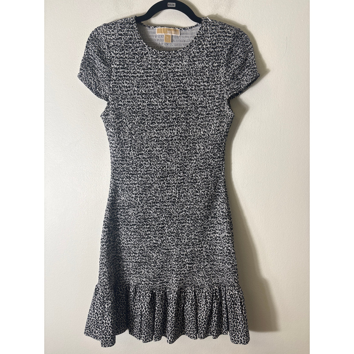 Michael Kors Black and White Cheetah Print Smocked Mini Dress Sz M