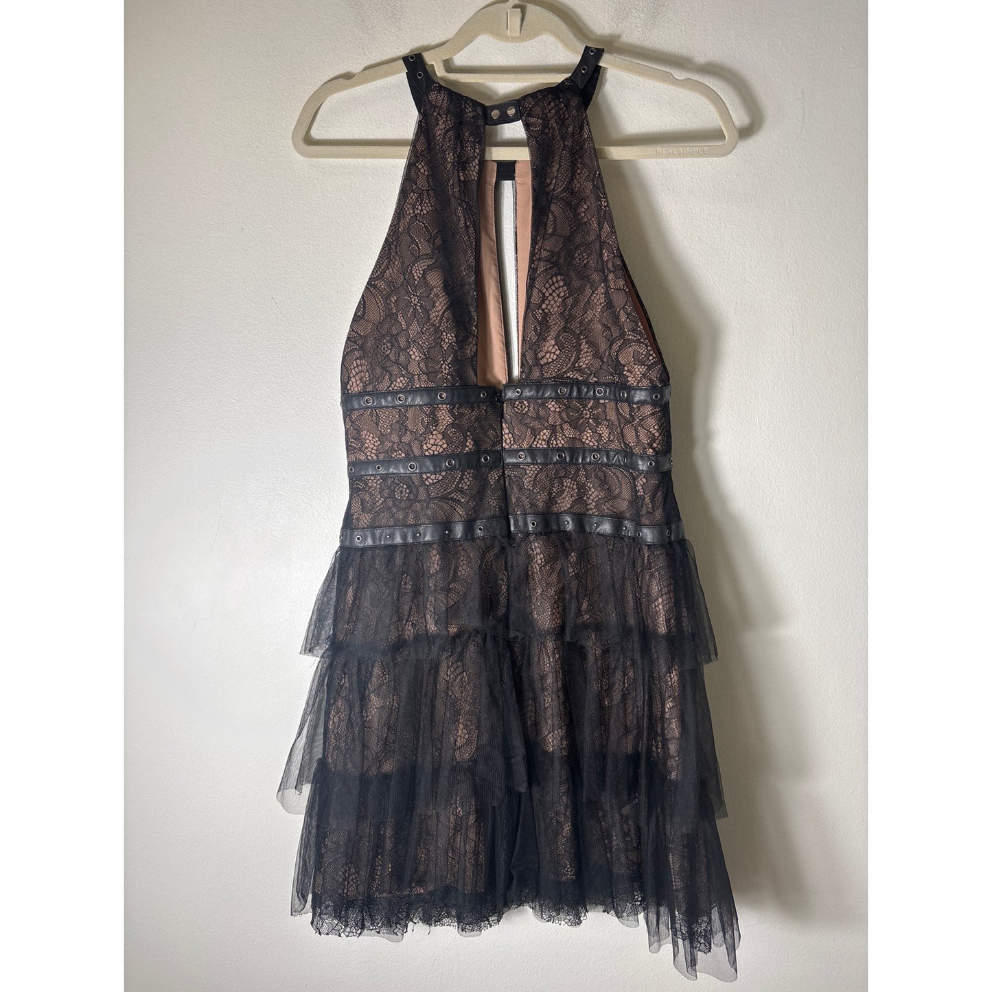 BCBG Black Leather and Lace Mini Dress Sz 8
