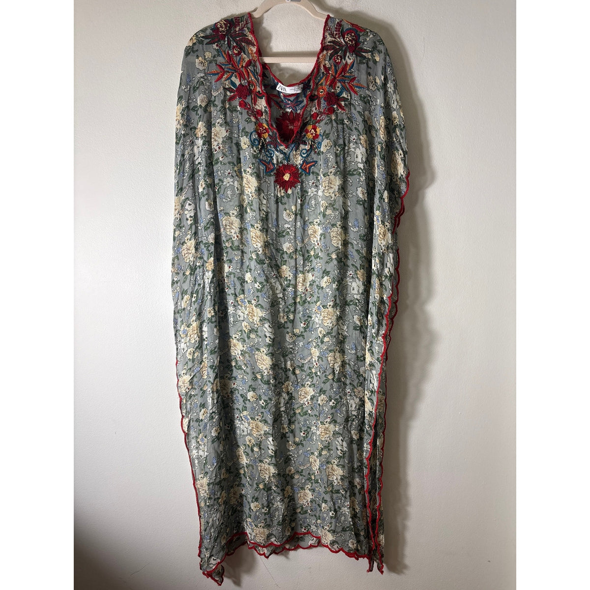 Zara Sage Green Floral Midi Tunic Dress Sz M