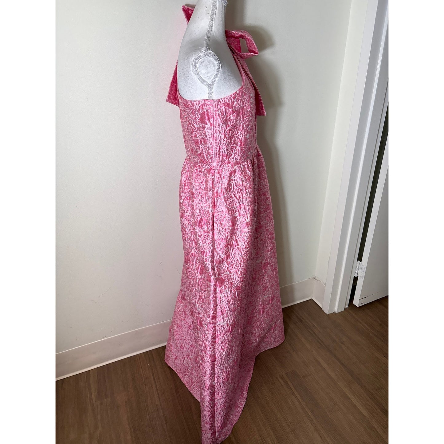 Abbeyglass Pink and White Rose One Shoudler Bow Gown Sz M