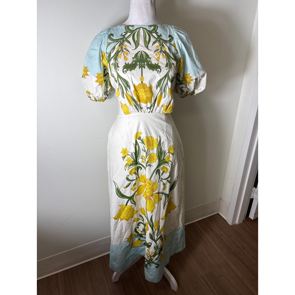 Mestiza Blue and Yellow Daffodil Cut Out Maxi Dress Sz S