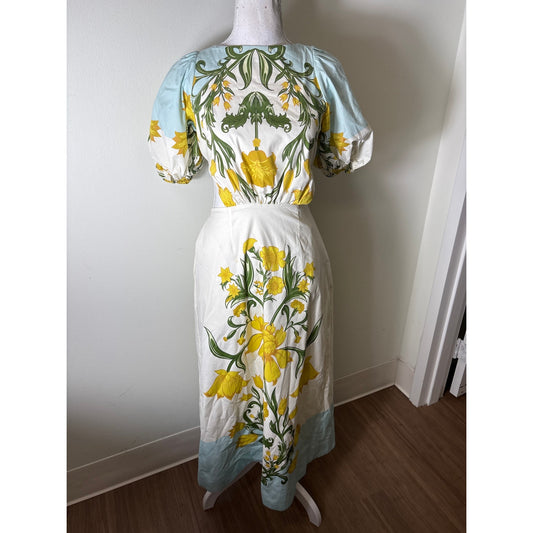 Mestiza Blue and Yellow Daffodil Cut Out Maxi Dress Sz S