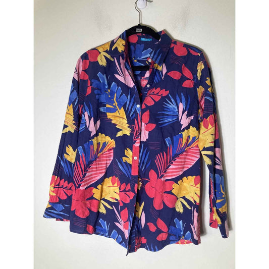 J. McLaughlin Navy Blue Tropical Print Long Sleeve Button Up Shirt Sz S