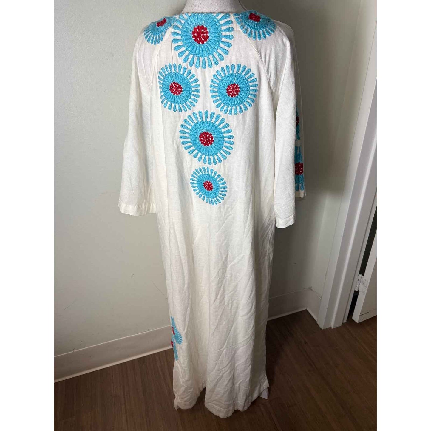 Frances Valentine White Teal and Red Linen Half Sleeve Maxi Dress Sz XL