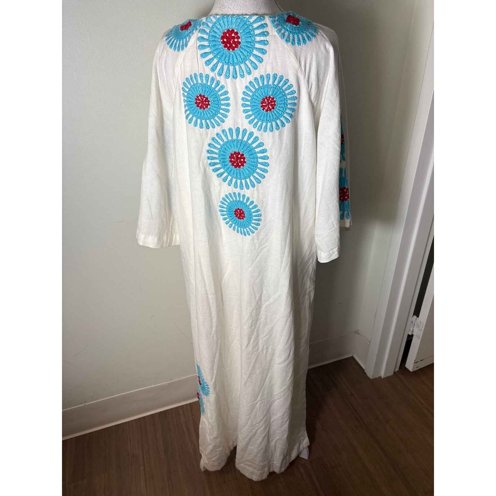 Frances Valentine White Teal and Red Linen Half Sleeve Maxi Dress Sz XL