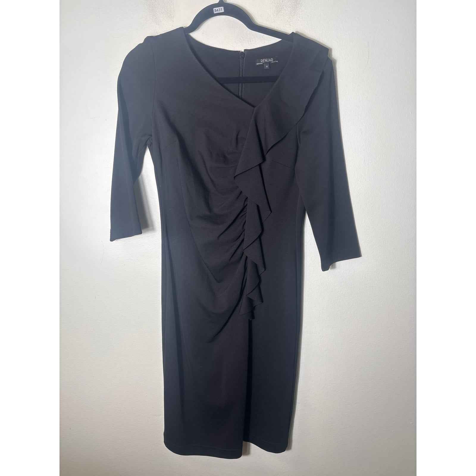 Renuar Black Front Ruffle Fitted Dress Sz 4