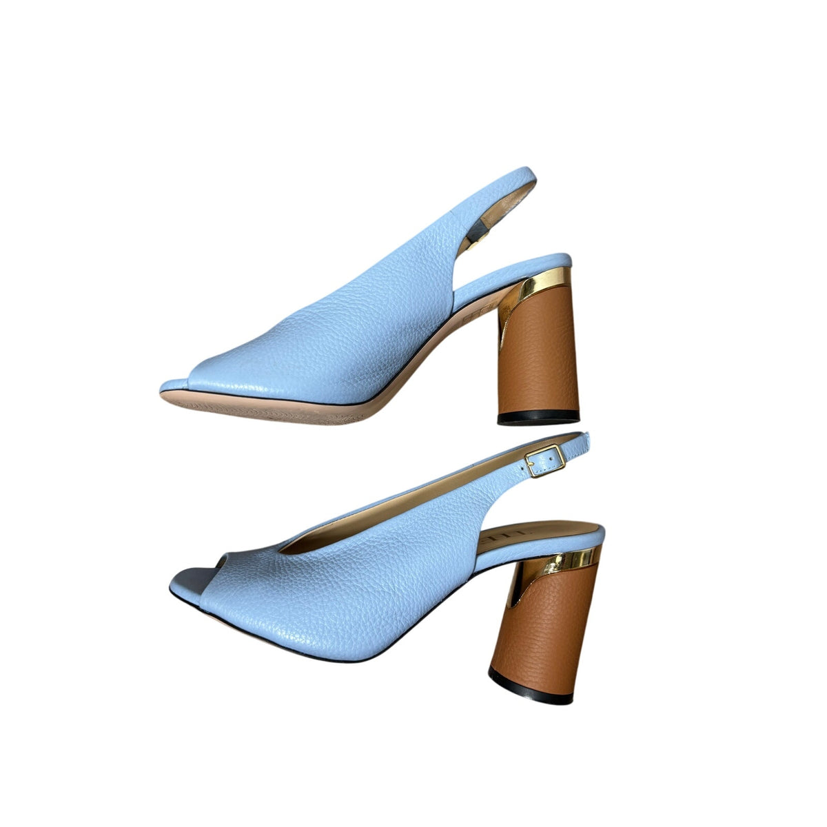 Theo Light Blue Leather Peep Toe Round Heel Pump Sz 38
