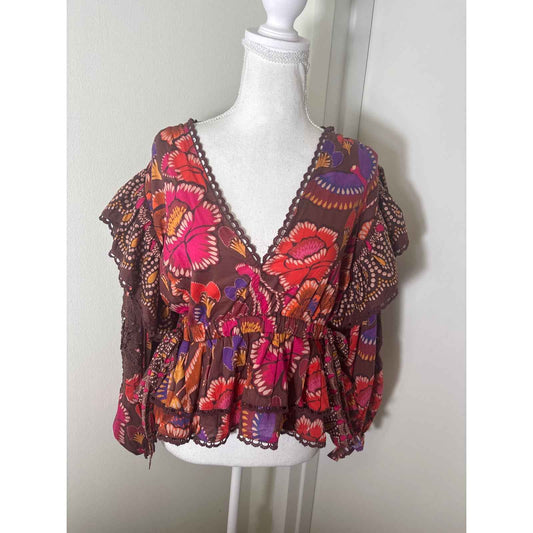 Farm Rio Brown Red Floral Long Puff Sleeve Deep V Neck Cotton Top Sz S