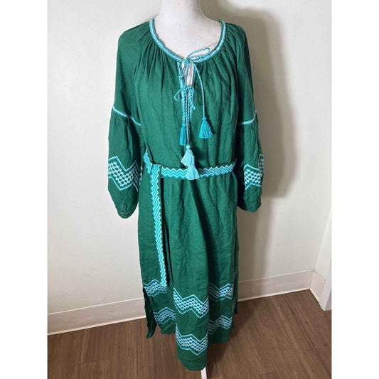 Benaras Green Long Sleeve Linen Maxi Dress Sz L