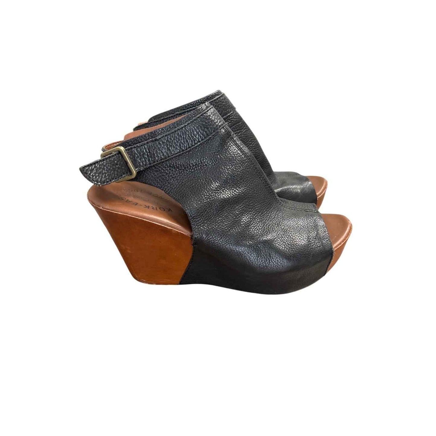Kork Ease Black Leather Peep Toe Wedges Sz 8