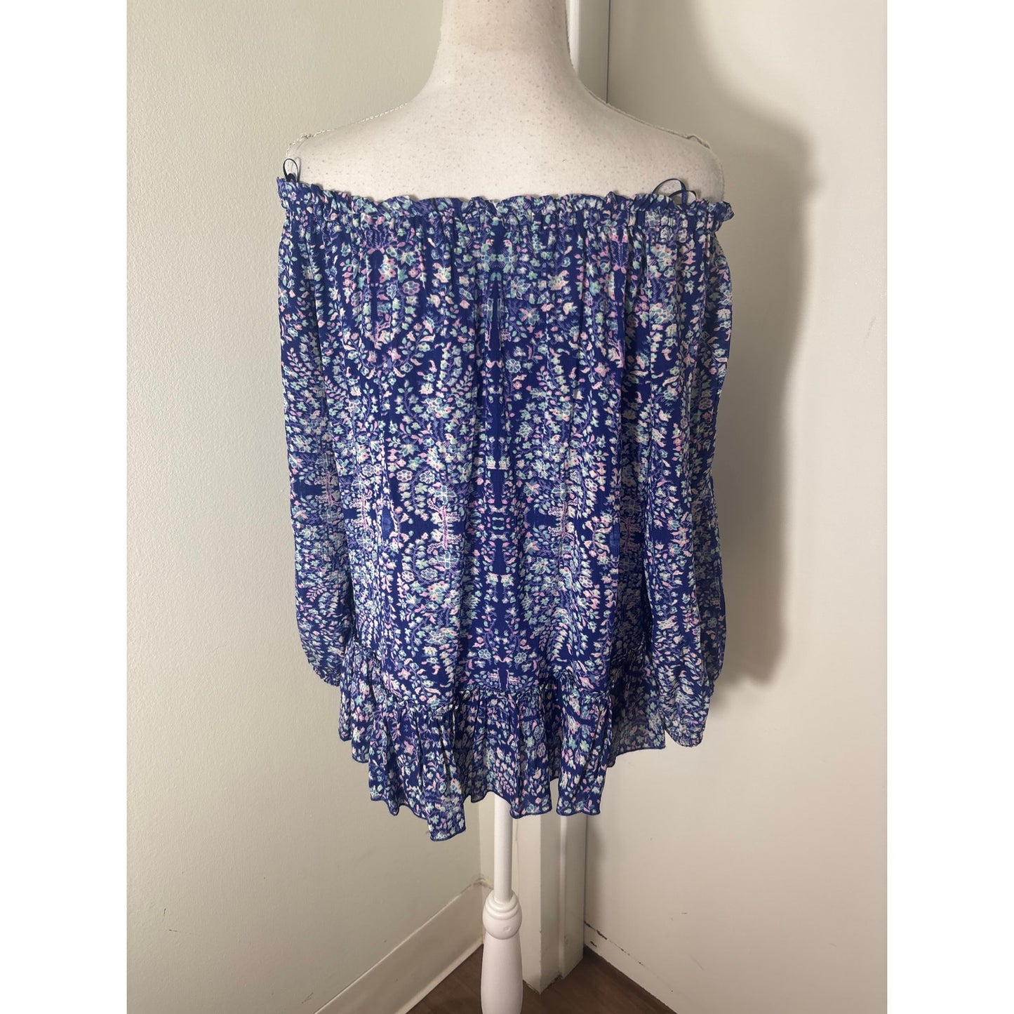 Rebecca Taylor Blue Floral Long Sleeve Off the Shoulder Sz 6