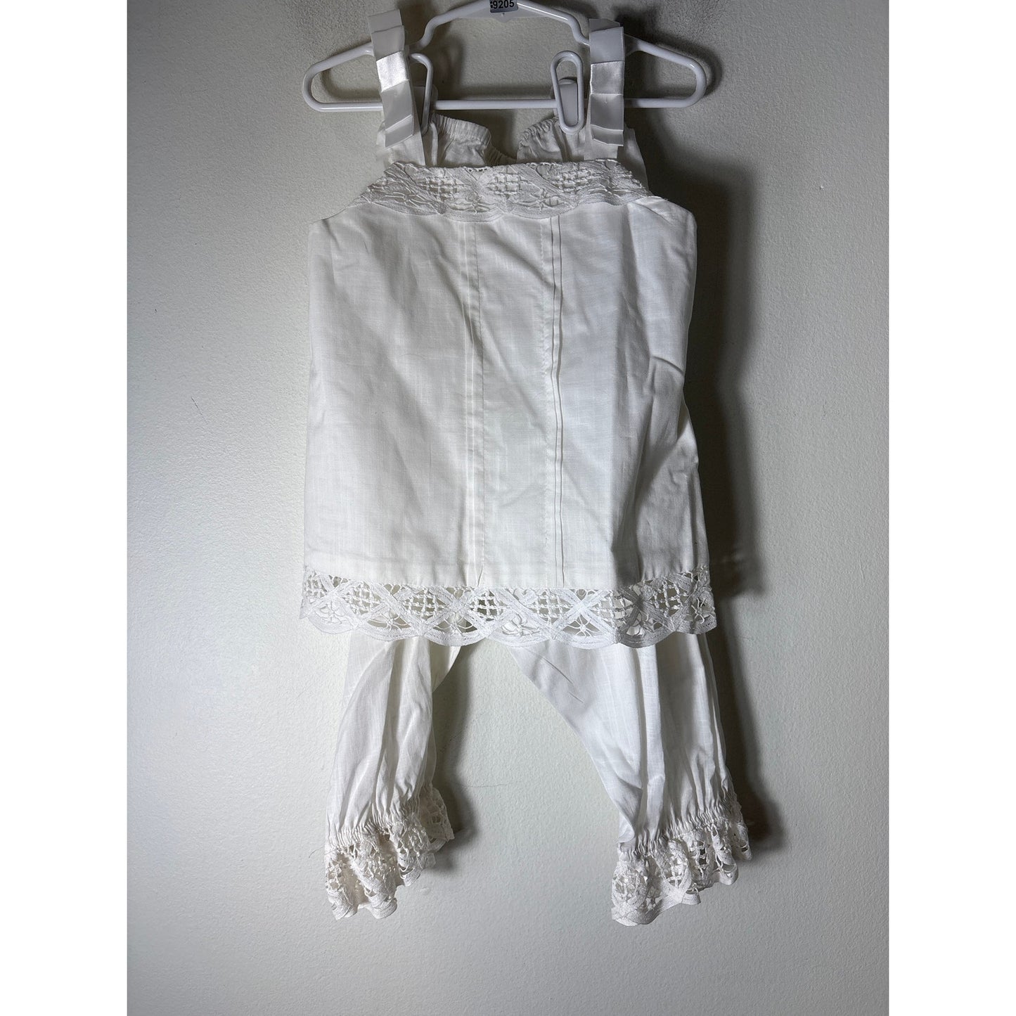 Girls Vintage PeachesNCream White Linen Top&Pants Set with Crochet Lace Trim Sz4