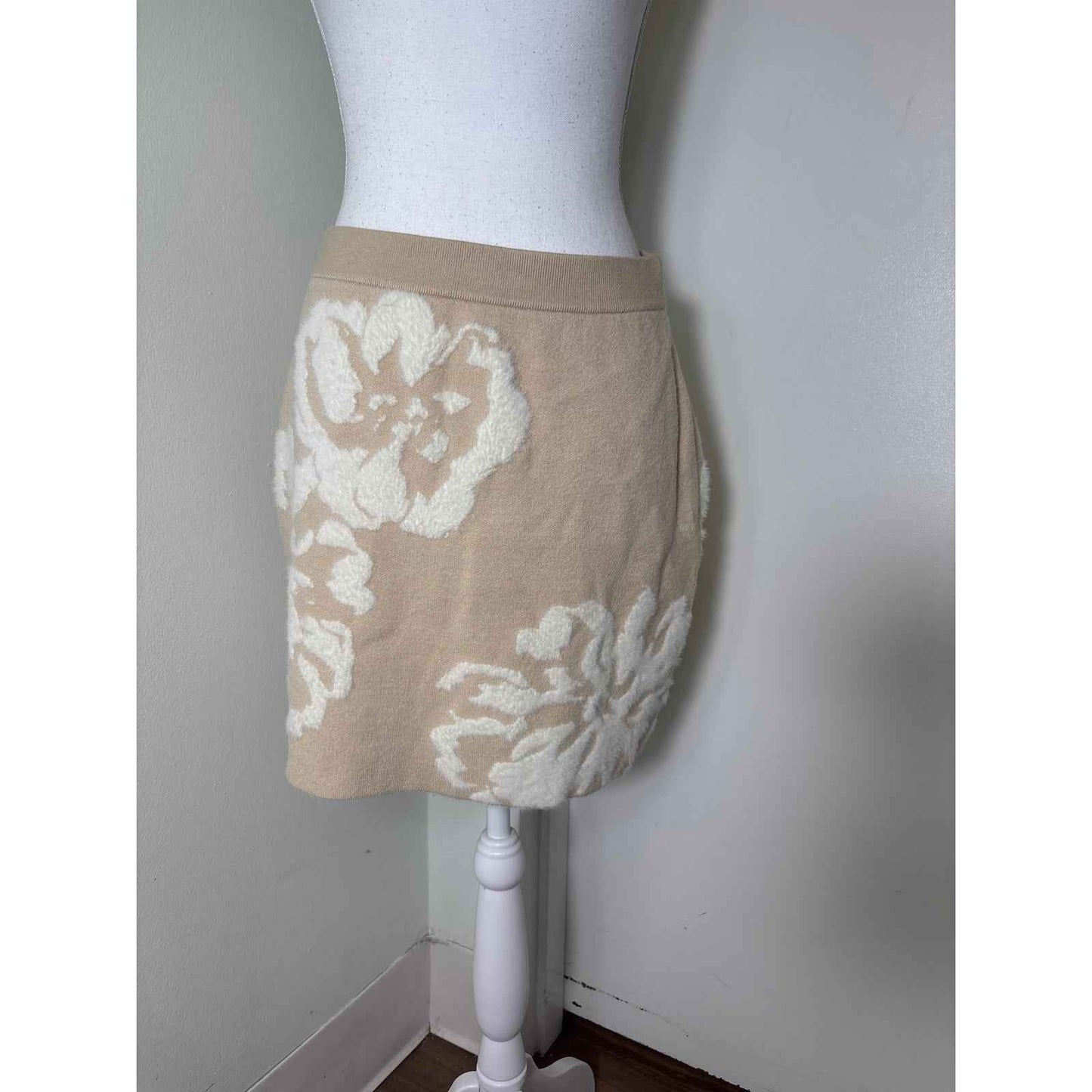by Anthropologie Beige and Cream Long Sleeve Oversized Sweater + Skirt Set Sz M