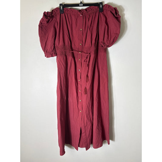 Whistles Crimson Red Off the Shoulder Smocked Waist Cotton Maxi Dress sz 12