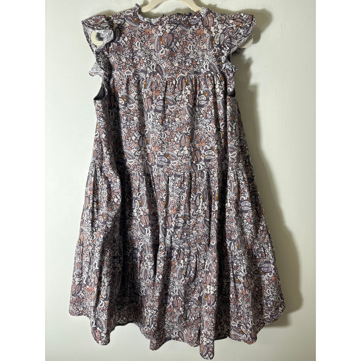 Moodie Brown Paisley and Floral Tiered Flutter Sleeve Dress Sz M