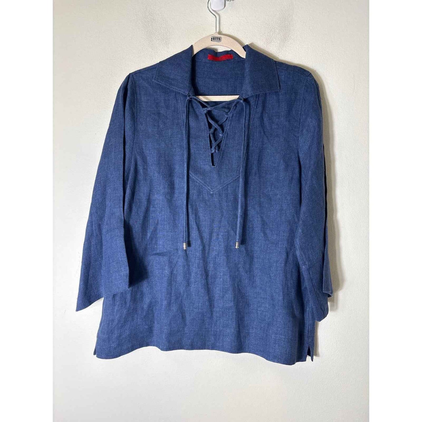 Carolina Herrera Dark Blue Linen Lace Up Long Sleeve Shirt and Pants Set Sz S/6