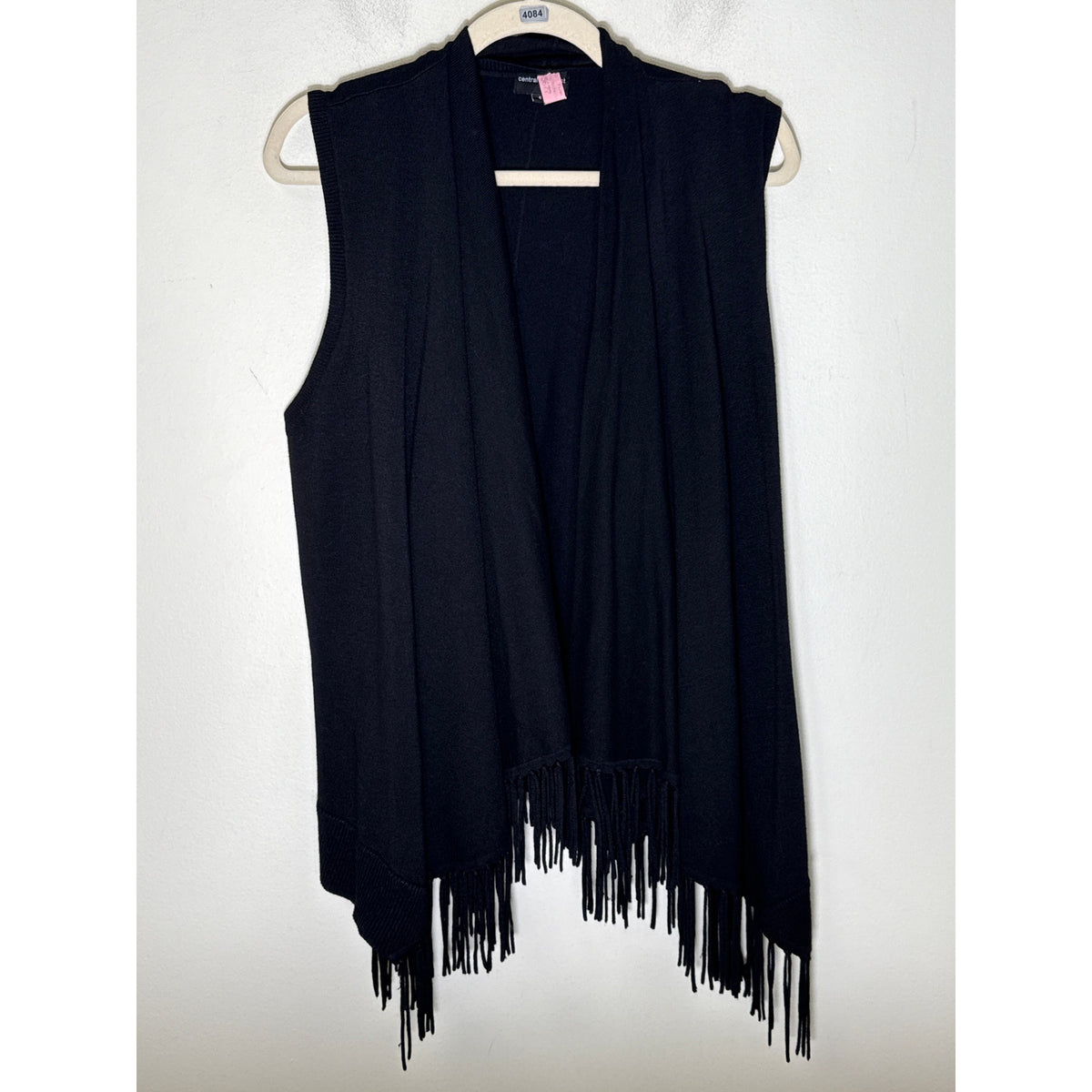 Central Park West Black Knit Sleeveless Fringe Cardigan Sz S