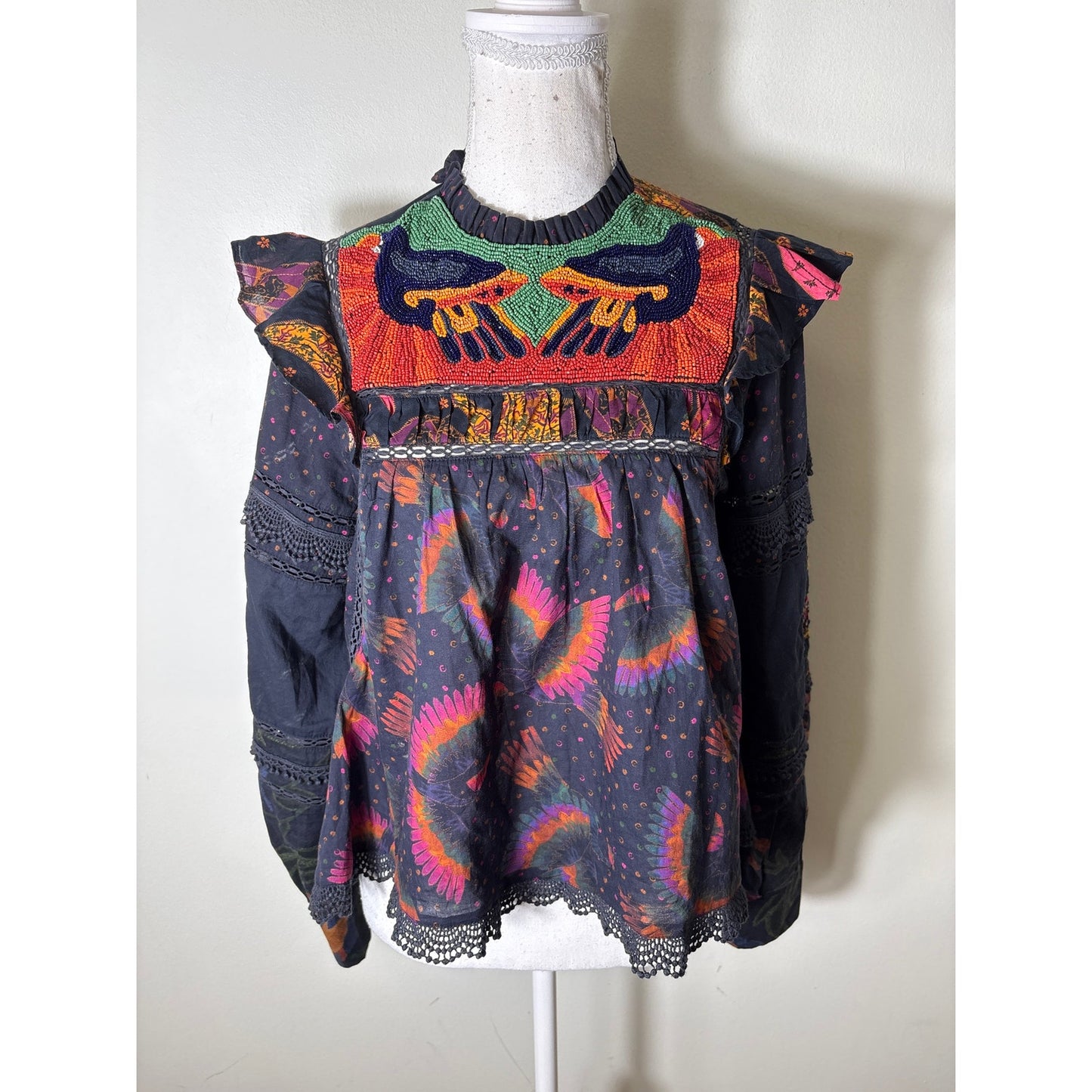 Farm Rio Black Beaded Long Sleeve Cropped Shirt Sz S
