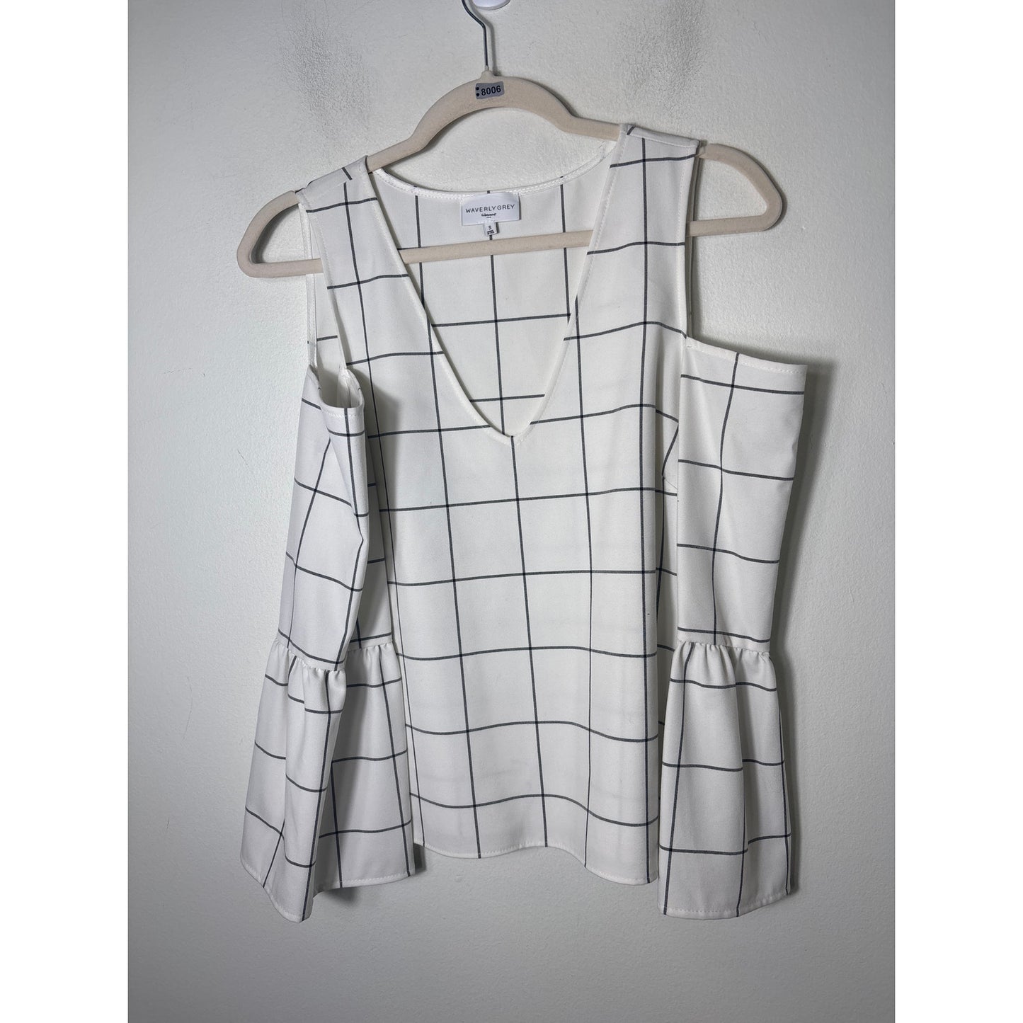 Waverly Gray Off White Window Pane Cold Shoulder V-Neck Top Sz S