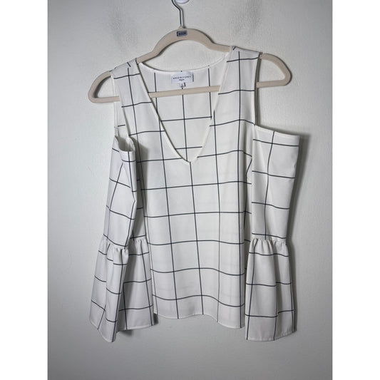 Waverly Gray Off White Window Pane Cold Shoulder V-Neck Top Sz S