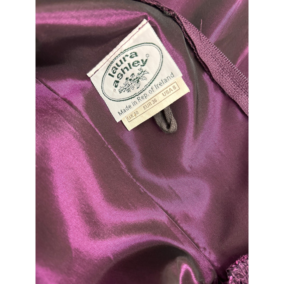 Vintage Laura Ashley Plum Satin Taffeta Short Puff Sleeve Dress Sz 8