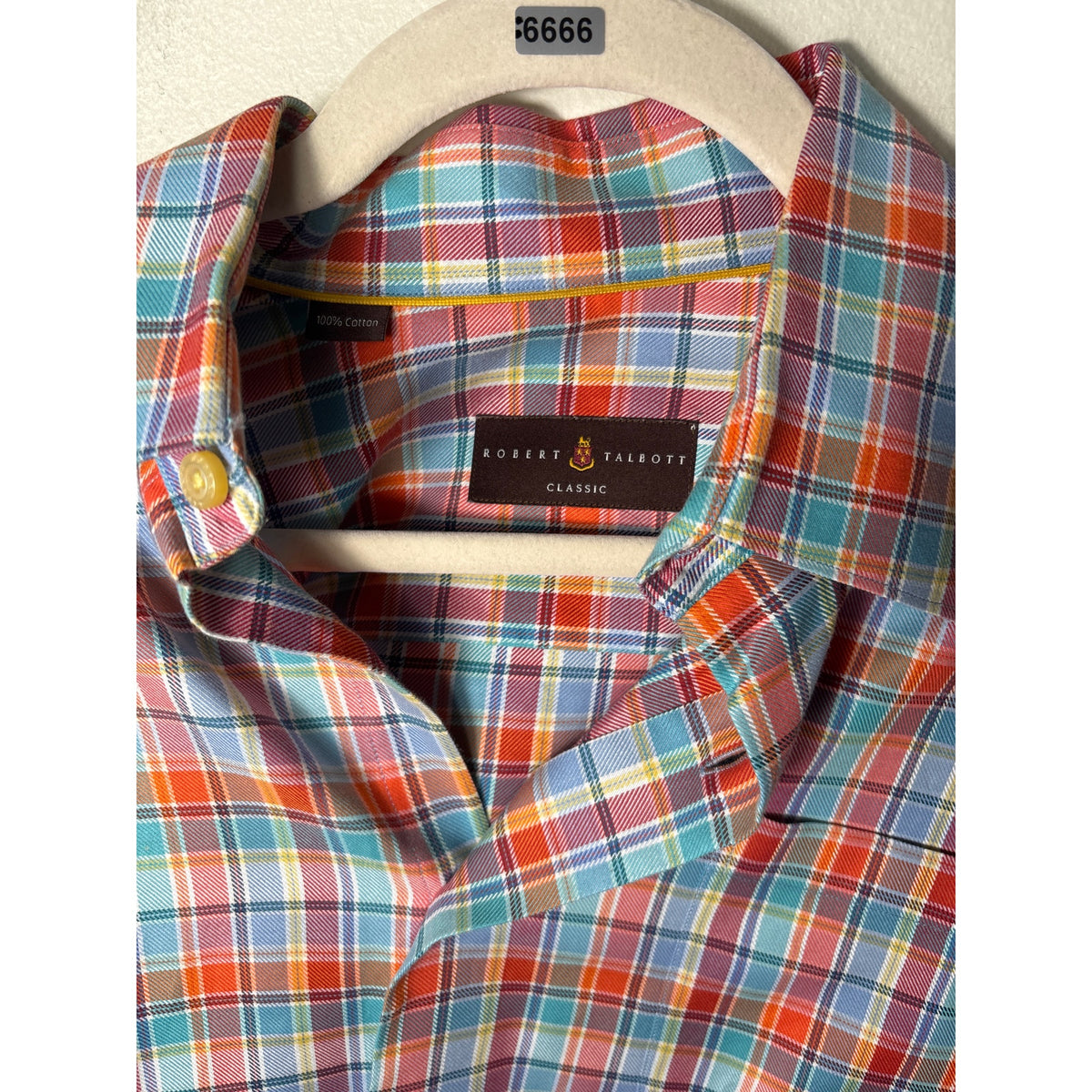 Robert Talbott Orange and Blue Window Pane Plaid Shirt Sz M