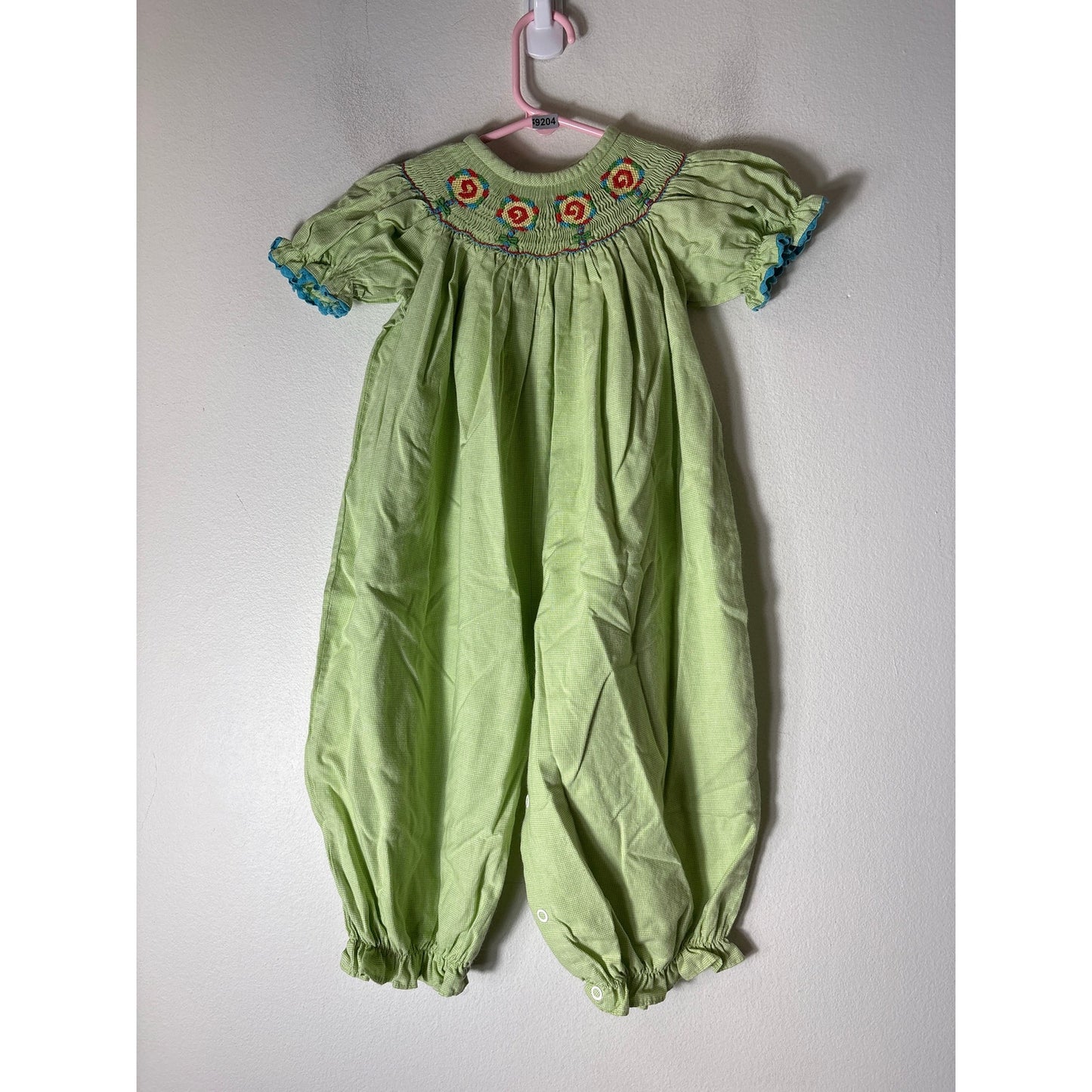 Girls Vintage Castles&Crowns green&White Check Smocked Lollipop Long Bubble S24m