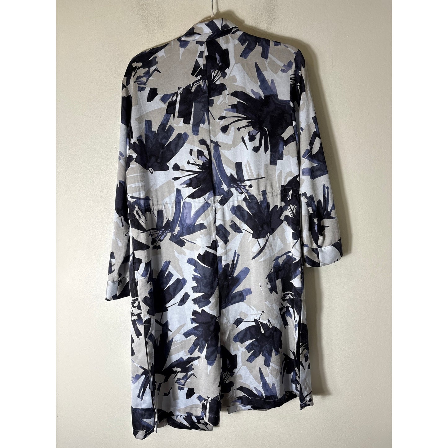 Nic + Zoe Blue Black Inky Flowers Satin Crepe Long Jacket Sz L
