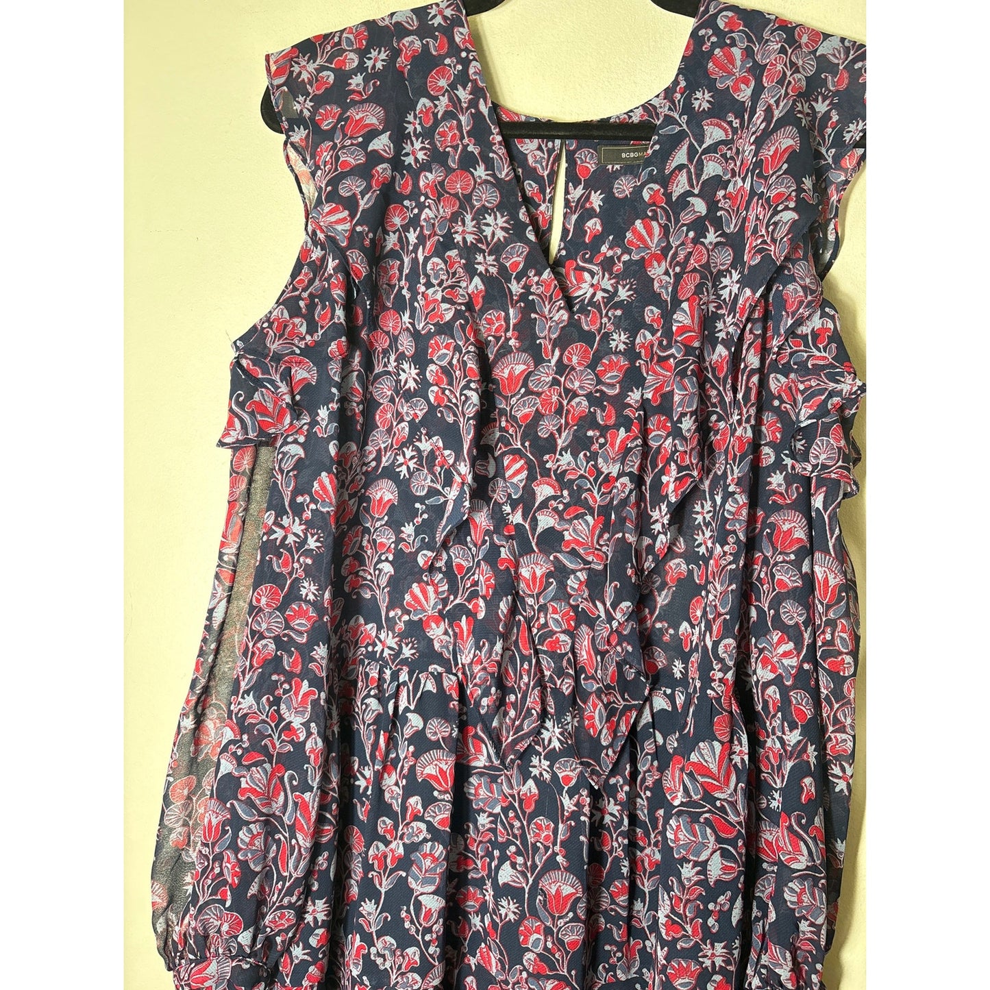 BCBG Navy and Red Cold Shoulder Long Sleeve Chiffon Mini Dresss Sz S