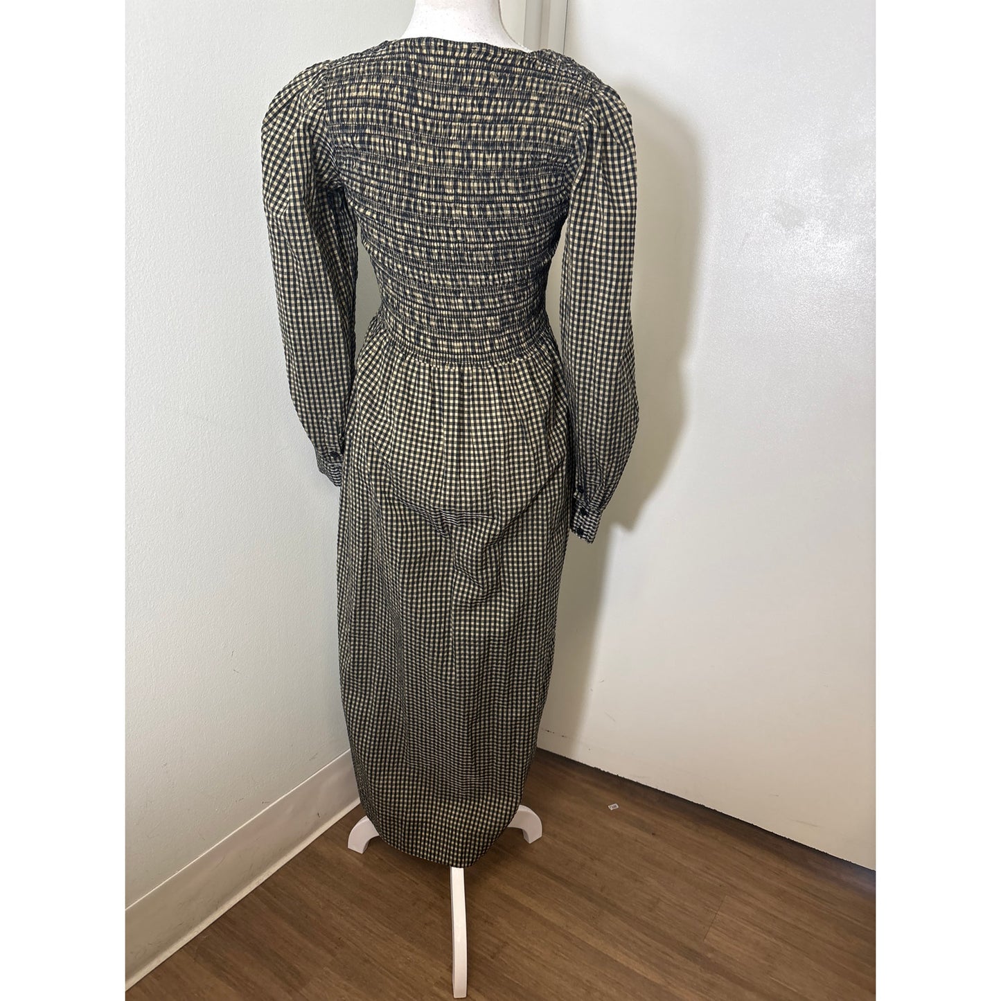 Ganni Tan and Black Check Smocked Bodice Dress Sz 38 (L)