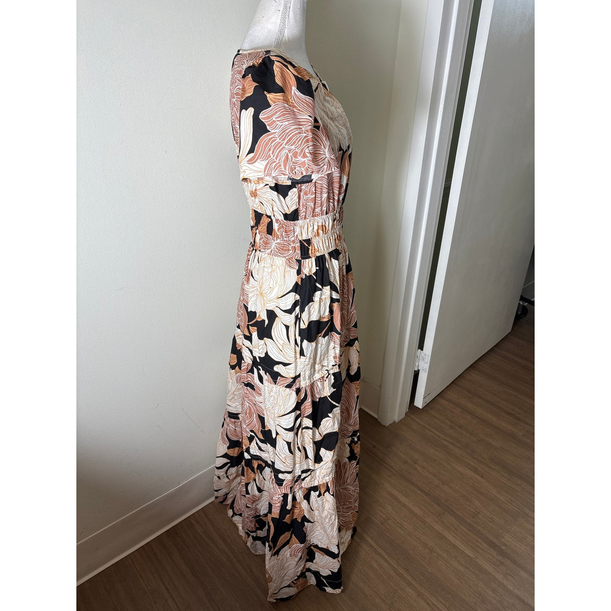 Cynthia Rowley Tan and Black Floral Maxi Dress Sz S