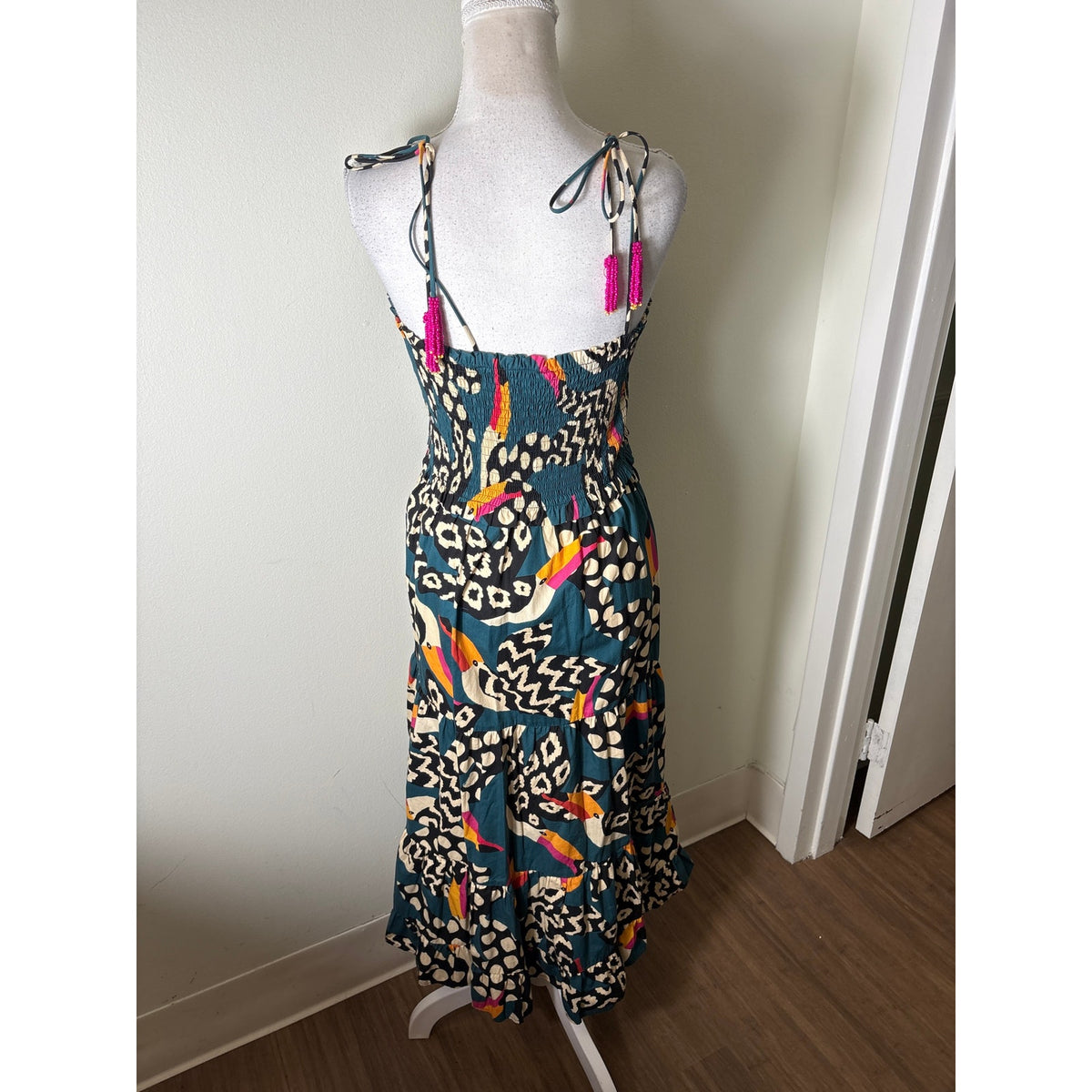 Farm Rio Dark Green Tucan Smocked Cotton Maxi Dress Sz M