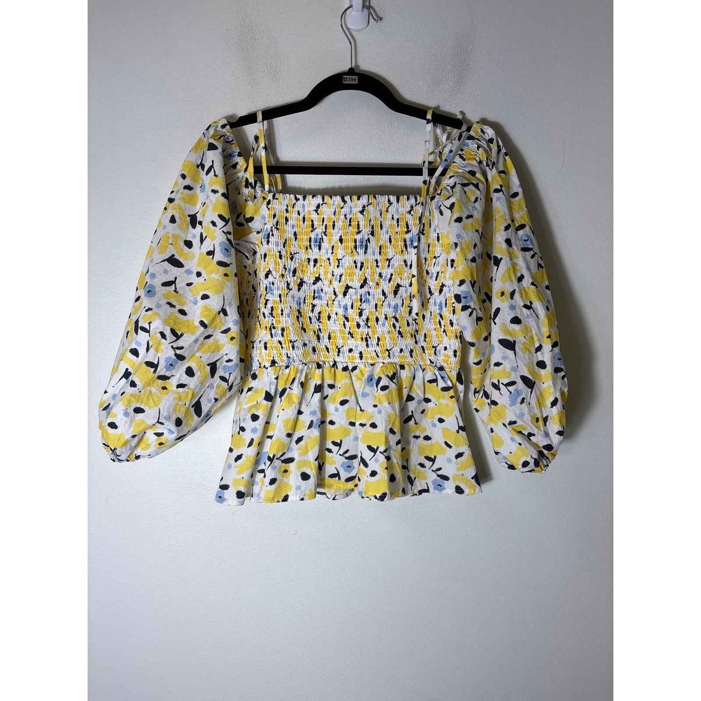 Tayna Taylor Yellow Smocked 3/4 Puff Sleeve Peplum Top Sz S